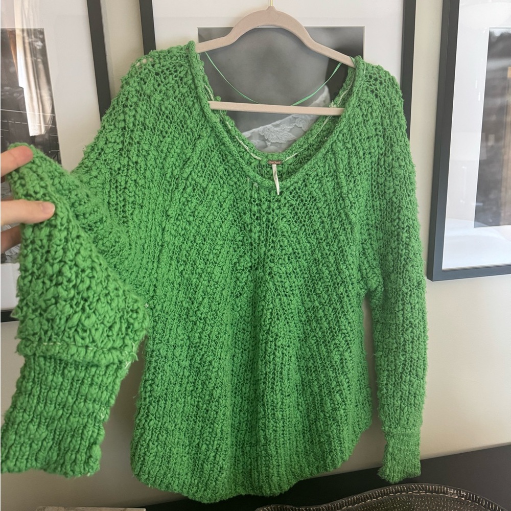 Free People Bright Green V-Neck Sweater